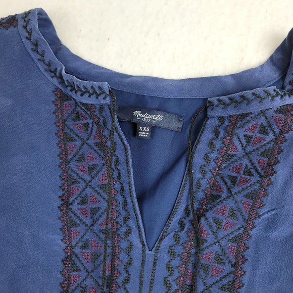 Madewell Womens XXS Dress Silk Embroidered Prologue Tunic 100% Silk-Missing Belt - Picture 2 of 8